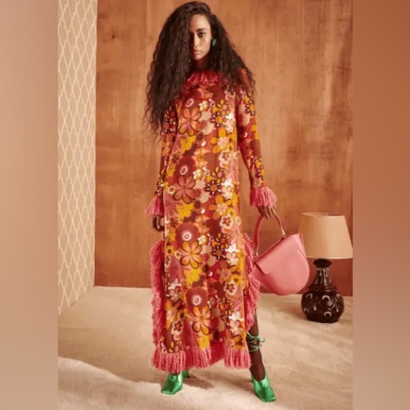 CeliaB Dresses & Skirts - NWT CeliaB Gongga Orange Floral Fringe Trim Long Sleeve Maxi Dress Sz M RARE